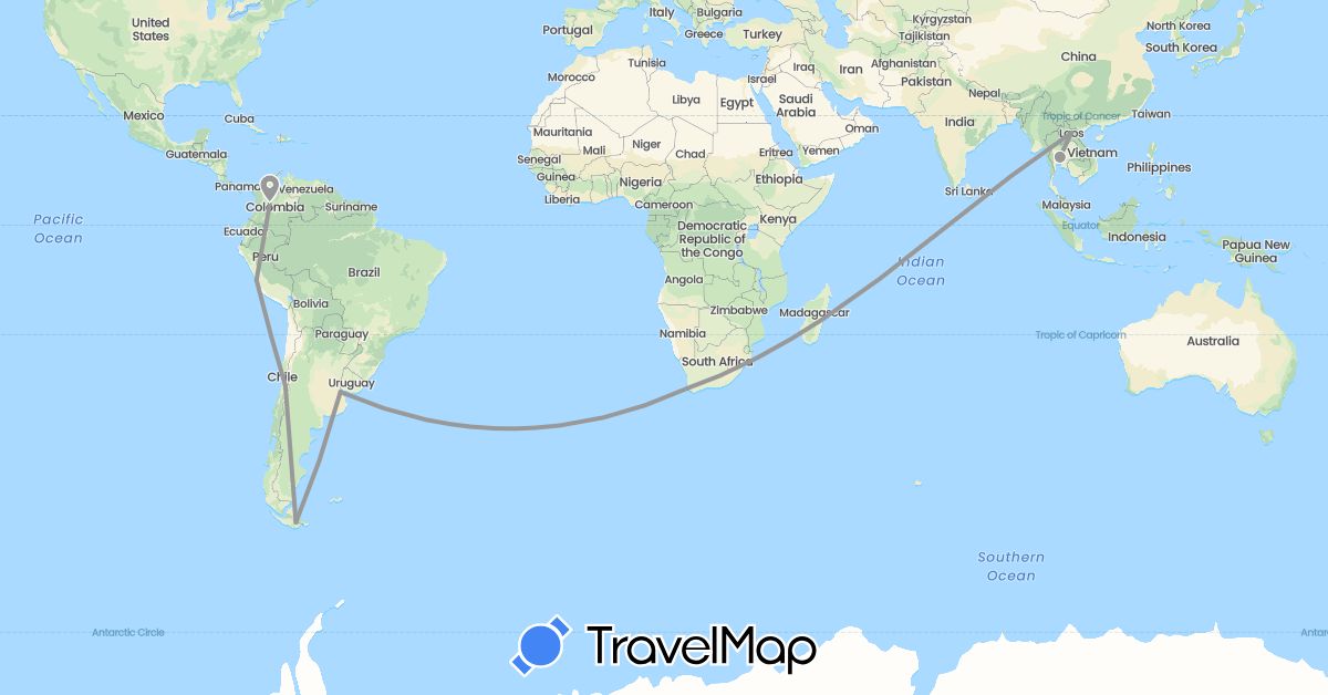 TravelMap itinerary: driving, plane in Argentina, Chile, Colombia, Laos, Peru, Thailand, South Africa (Africa, Asia, South America)